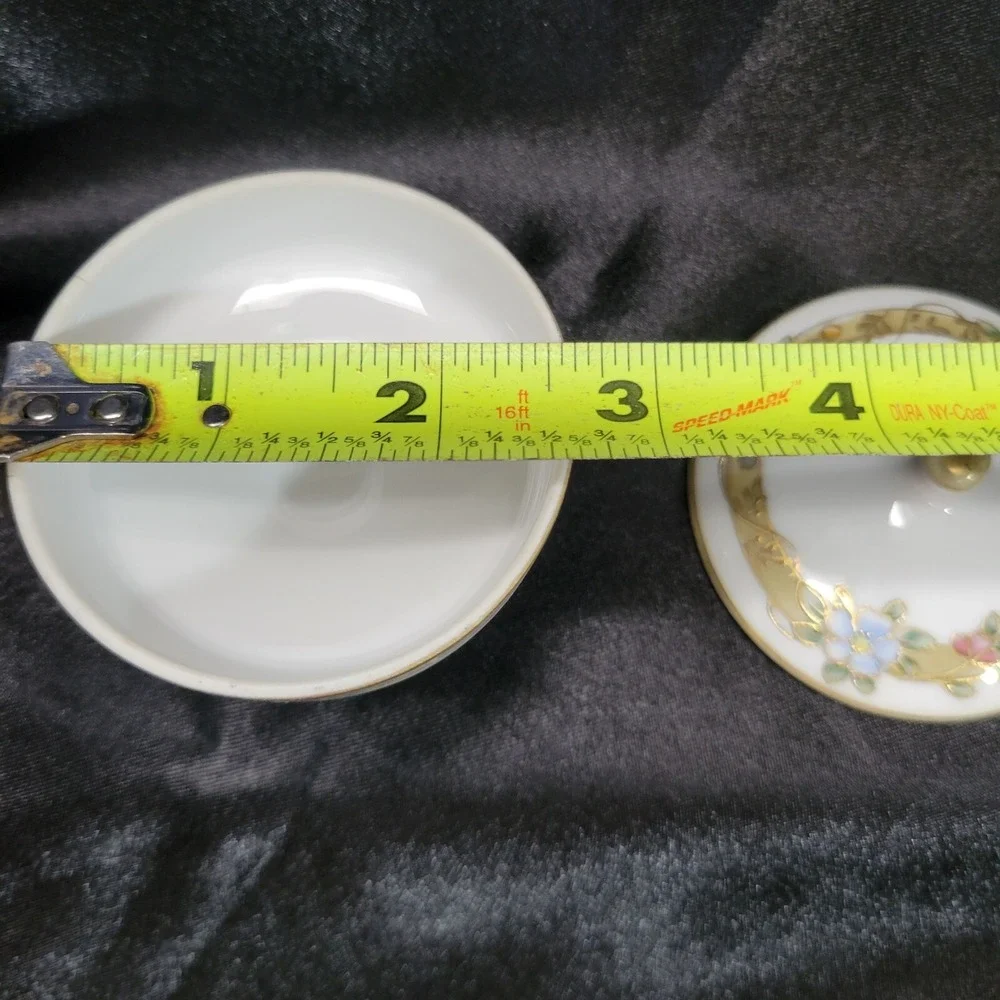 Hand Painted Nippon Round Floral Pedestal Powder Trinket Box Gold Trimmed